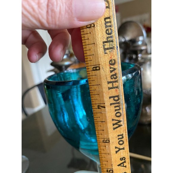 Heavy Aqua Luster Blue Glass Goblet Cup with Clear Luster Stem and Base Hand Blo - Picture 12 of 13